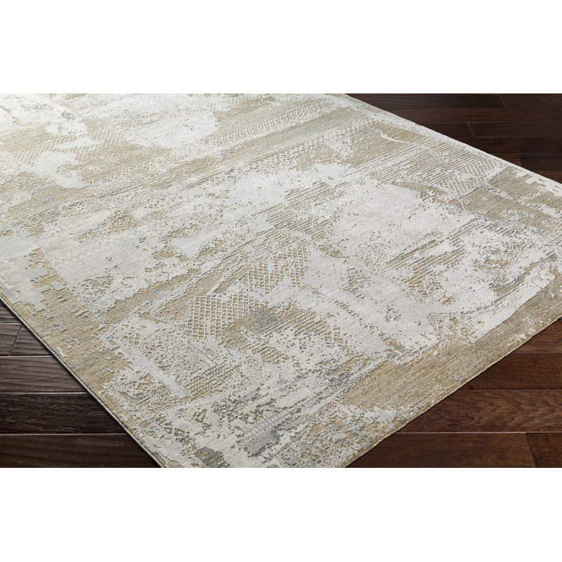 Tapis abstrait en polypropylène tissé à la machine en beige / gris, Rectangle 12 pi x 15 pi
