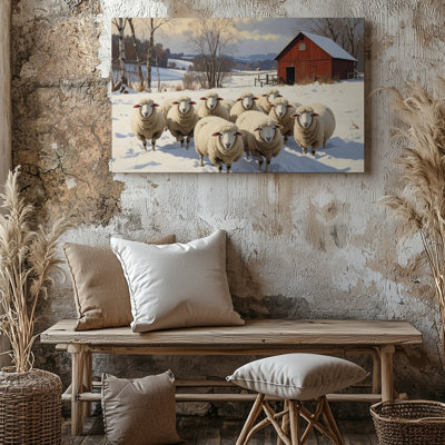 Art mural sur toile, mouton d'hiver et grange rouge, scène de ferme enneigée rustique