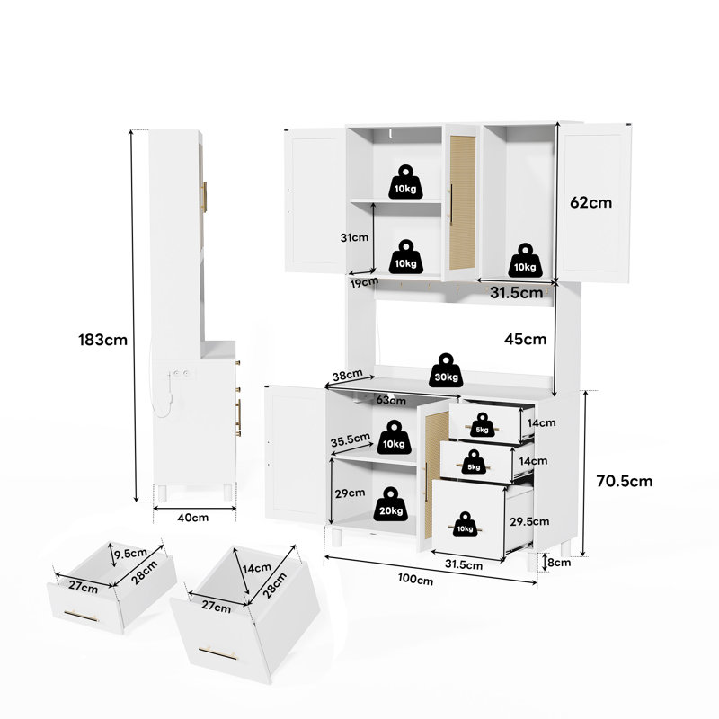 183cm Kitchen Pantry, White