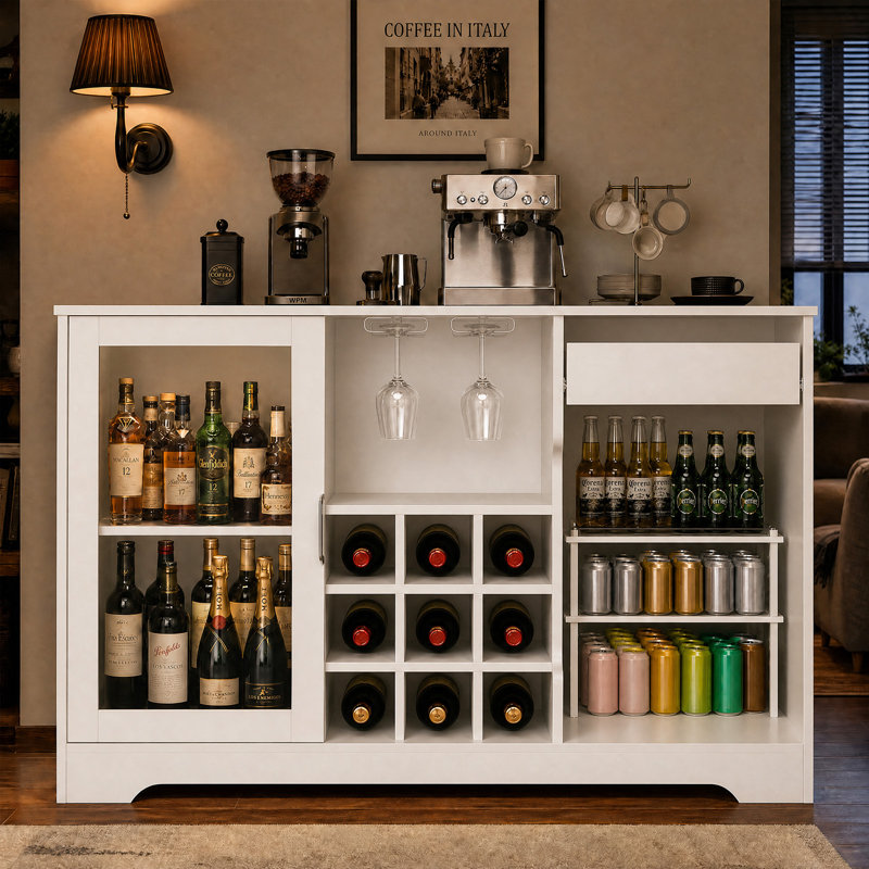 Meuble de rangement à vin avec éclairage DEL, bar-buffet avec porte vitrée, casier à bouteilles, porte-verres suspendu, tiroir pour bar à domicile, blanc