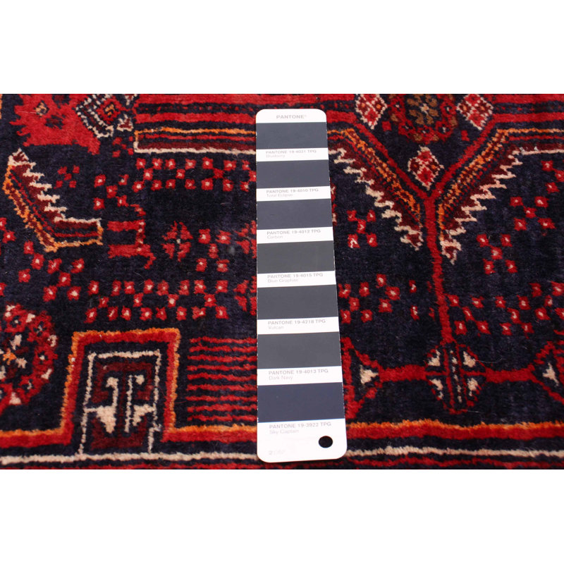 Tapis rouge / bleu en laine noué à la main de conception unique 3 pi 6 po x 6 pi 10 po années 2000 Gafford