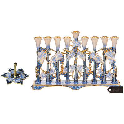 Elegant Jewish Set - Hand-Painted Blue & Ivory Menorah Candelabra & Spinning Dreidel With Gold Accents & High-Quality Crystals Hanukkah Gift By Matashi