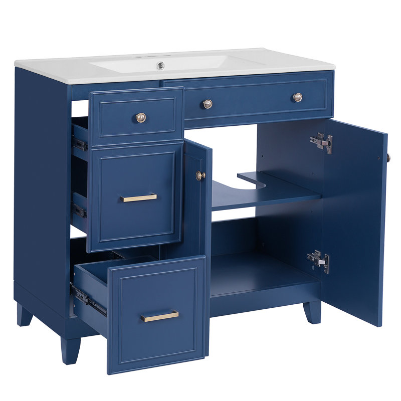 Meuble-lavabo moderne avec lavabo en céramique, tiroirs multiples, tablettes réglables, portes à fermeture douce, idéal pour les petites et moyennes salles de bain