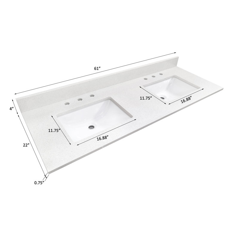 Dessus de meuble-lavabo d'ingénierie blanc neige 61 pouces avec double lavabo et dosseret, Blanc neige