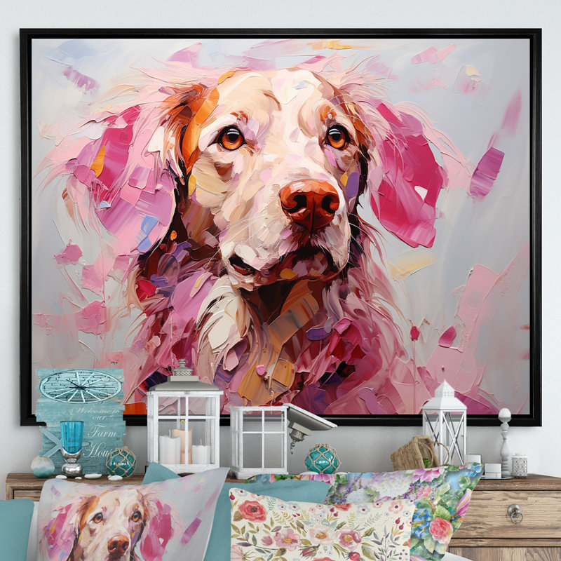 Rose Labrador Popart - art mural chien, Cadre flottant noir, H 24 po x l 32 po x P 1 po