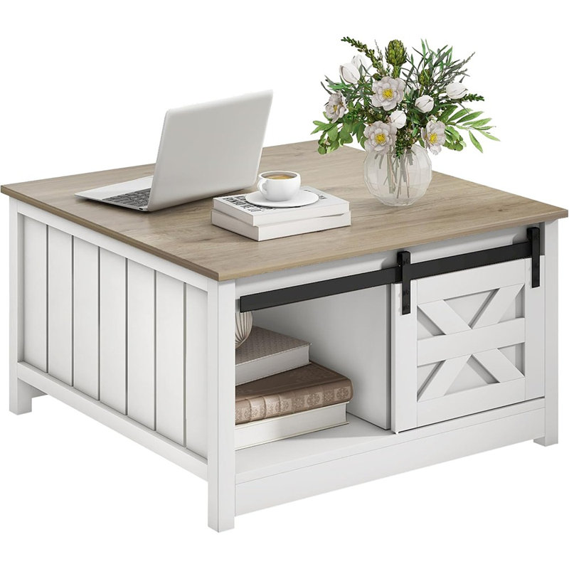 Table basse de rangement Farmhouse: table centrale carrée en bois avec porte de grange coulissante, rangement semi-ouvert pour le salon, chêne clair