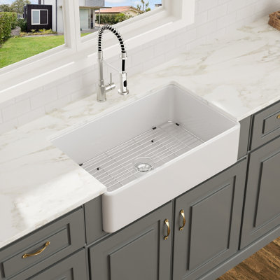 33'' L x 20" W Farmhouse Kitchen Sink White Ceramic Single Bowl Kitchen Sink Apron Front Sink