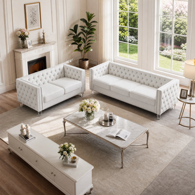 Loveseat and three-seater sofa set, 82-inch living room sofa set, two-piece modern classic sofa set, crystal-buttoned backrest, crystal-accented legs, comes with white plush throw pillows, suitable for living rooms, lounges, and reception areas.
