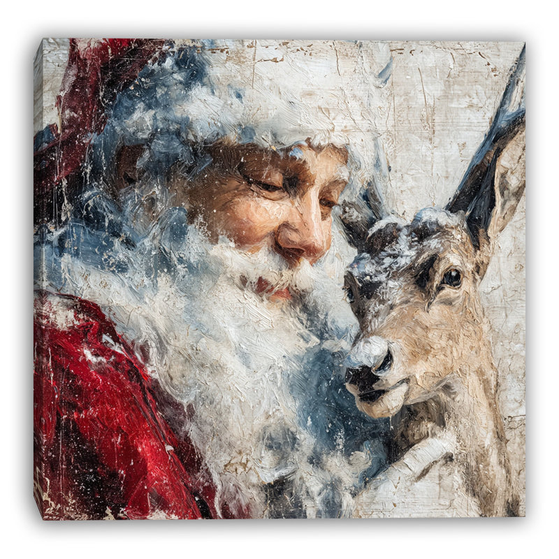 Père Noël embrassant un renne sur toile, H 12 po x l 12 po