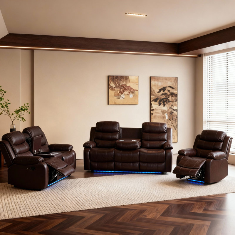Ensemble de salon 3 pièces inclinable en faux cuir avec porte-gobelet, DEL et console, Brun