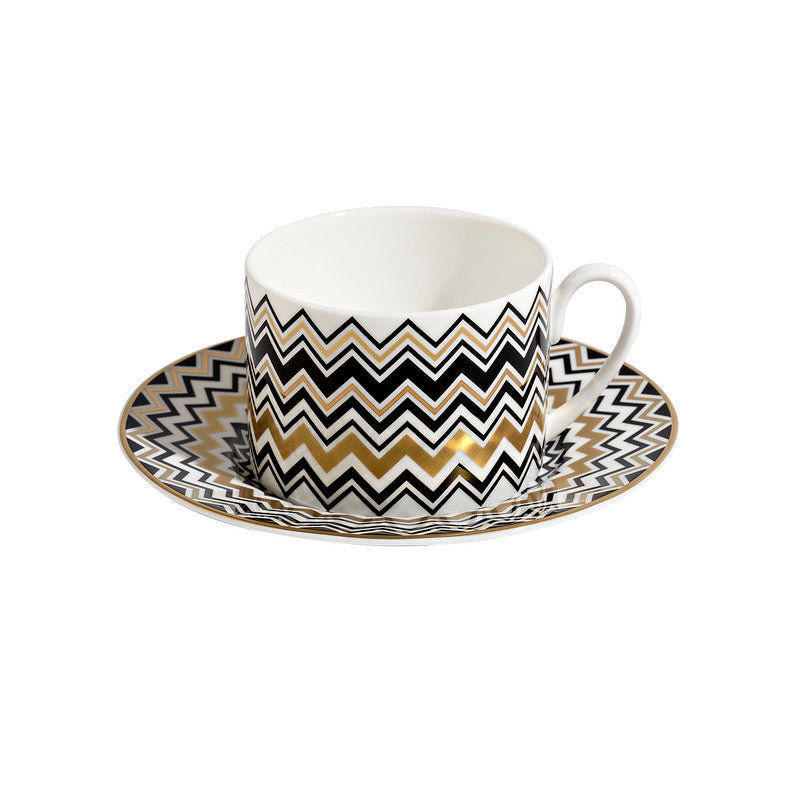 Zig Zag Bone China Teacup, White/Gold/Black, Set of 2