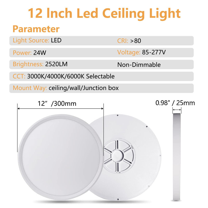 12" LED Flush Mount Ceiling Light, 24W, 2520LM