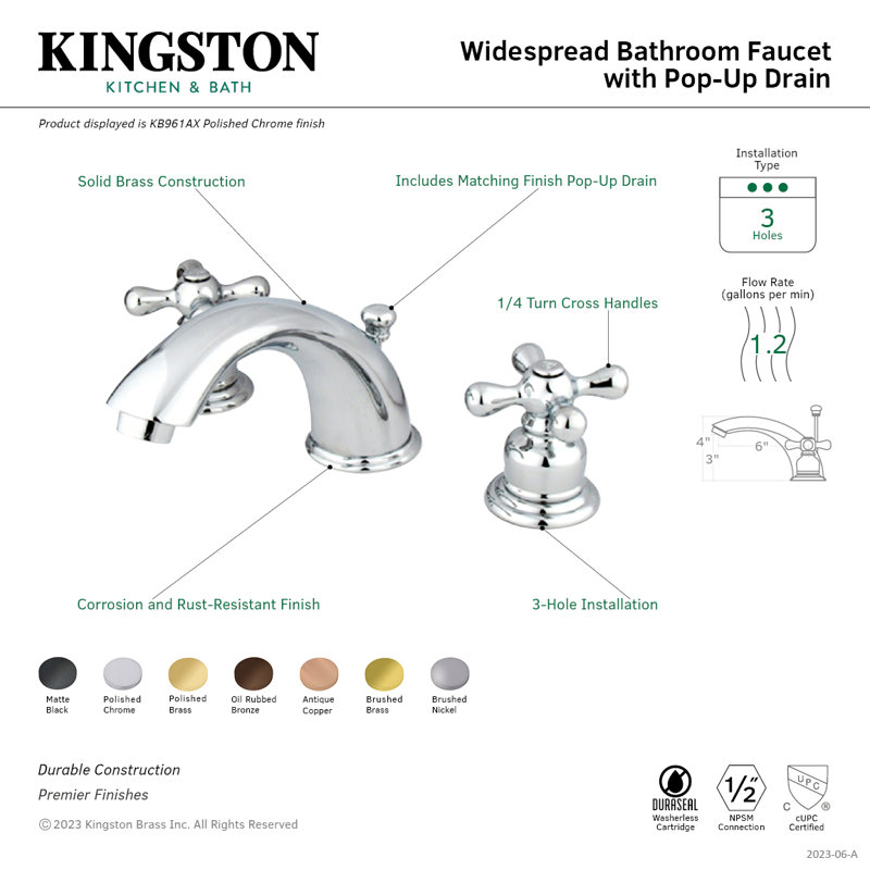 Kingston Brass Victorian Two-Handle 3-Hole Deck Mount Widespread Bathroom Faucet with Retail Pop-Up Drain, Matte Black