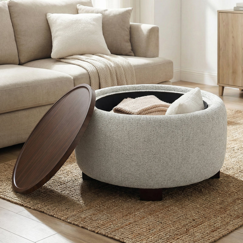 Repose-pieds rembourré avec rangement et plateau en bois, Beige