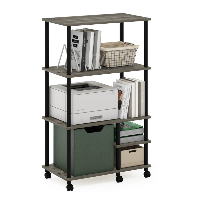 Oliveria 4-Tier Toolless Multipurpose Etagere Bookcase with Wheels, French Oak Gray/Black