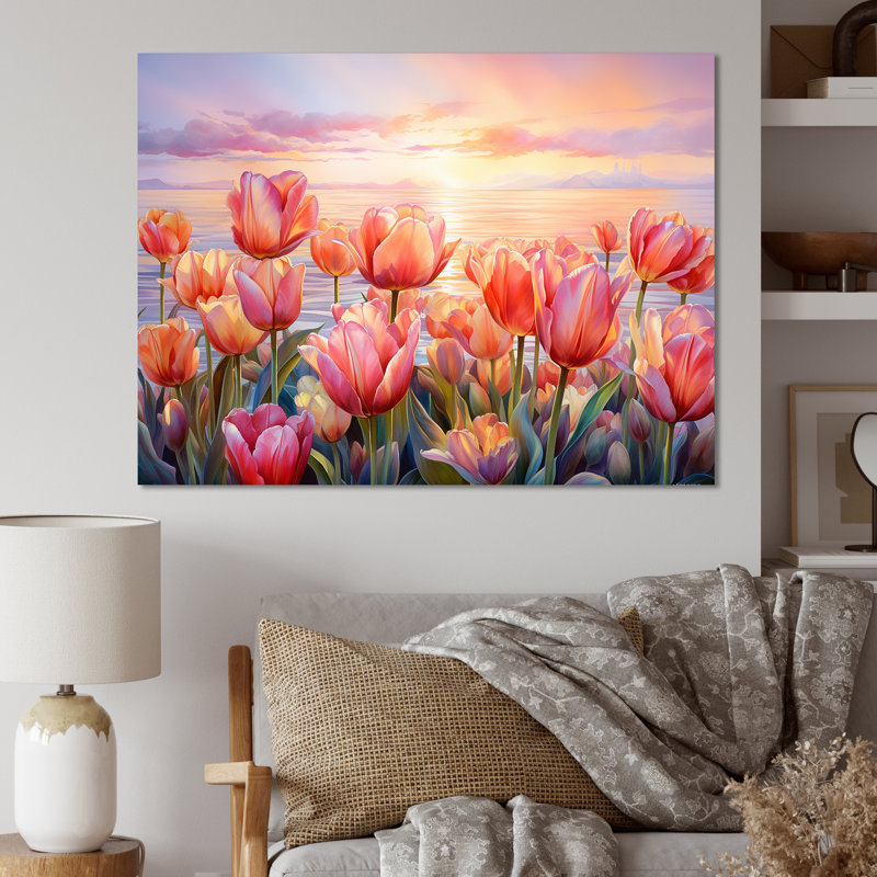Tulips Sunset IV - Tulips Wall Art Decor, Wrapped Canvas, 34" H x 44" W x 1.5" D