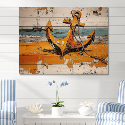 Watercolor Anchor On The Beach - Coastal Wooden Wall Art On Natural Pine Wood