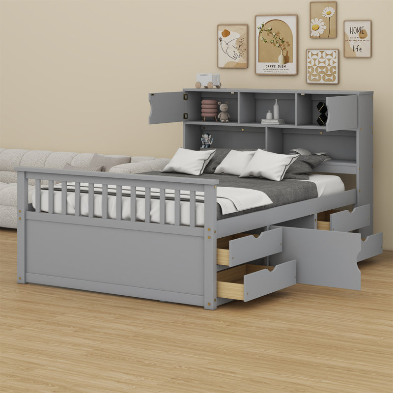 Base de lit plateforme capitaine avec bibliothèques de rangement et tablettes, quatre tiroirs, Gris