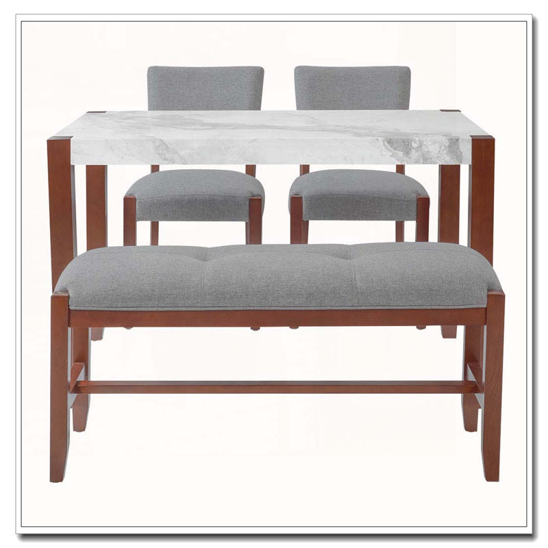 Ensemble de salle à manger 4 pièces avec table, chaises et banc en faux marbre, Gris
