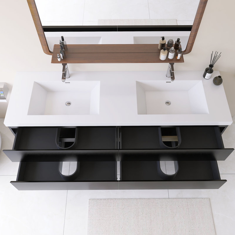 Meuble-lavabo double mural 72 po avec plateau en résine intégré blanc, Noir