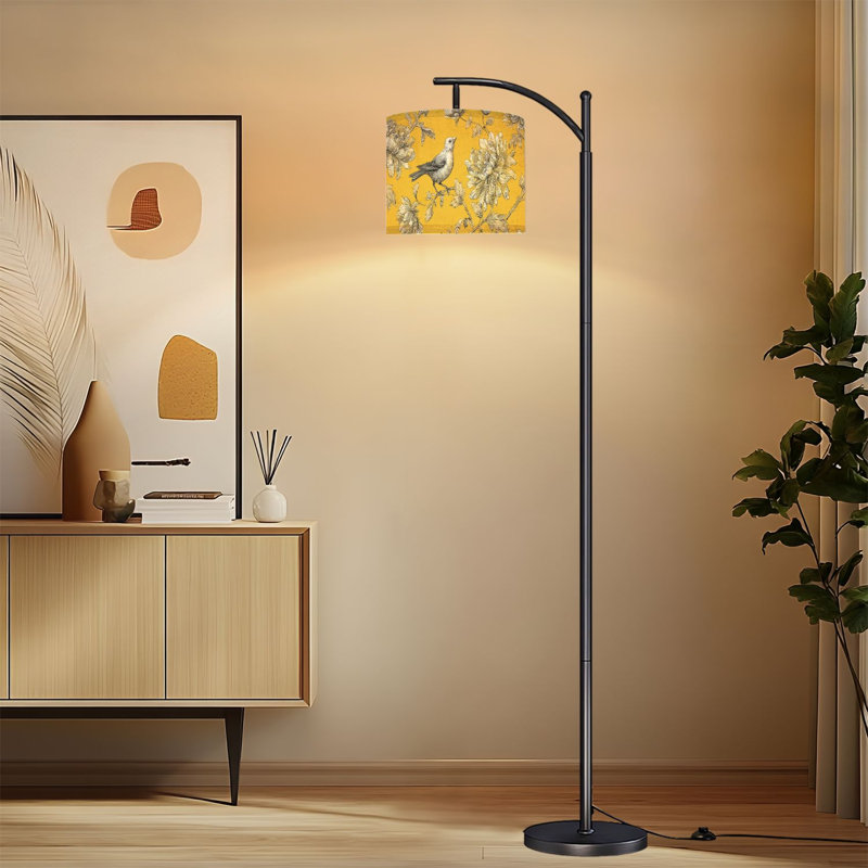 Arc Floor Lamp with Adjustable Lampshade Vintage Bird Floral Black White Mustard Yellow Summer Decor Standing Lamp 3 Color Temperatures Dimmable Tall Pole Lamp with Foot Switch for Bedroom