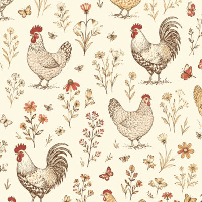 Peel and Stick Wallpaper Floral seamless cute cartoon chicken white farmhouse Contact Paper Removable Self Adhesive Wall Mural Wall Decor for Bedroom Kitchen Cabinets 17.7in x 118in