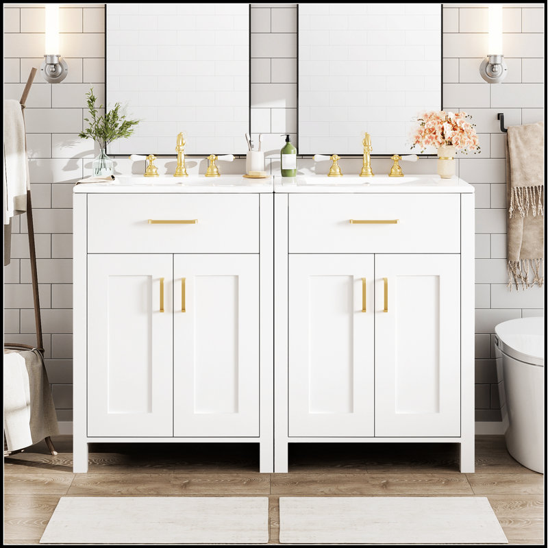 Meuble-lavabo moderne de 48 pouces avec lavabo en céramique, portes à fermeture en douceur, tiroir rabattable et tablettes de porte à double couche pour un rangement élégant