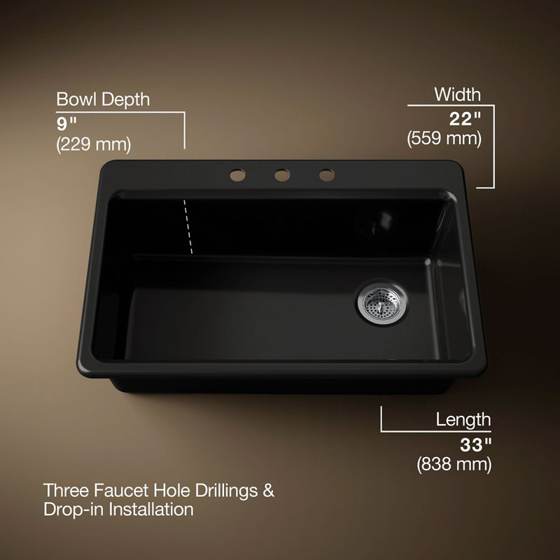 Riverby 33" Top-Mount Single-Bowl Kitchen Sink, 3 hole, Black