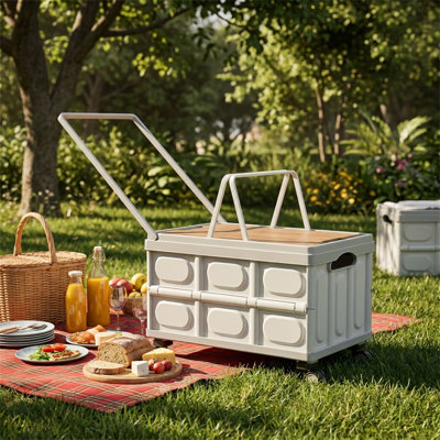 Boîte de rangement de 55 litres, avec couvercle en bois et roues pivotantes à 360 °, conception pliable pour un rangement compact, convenant à de nombreuses occasions, style minimaliste moderne, blanc
