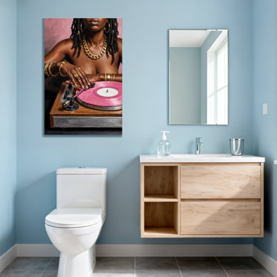 Fashion Woman With Pink Vinyl Record Player