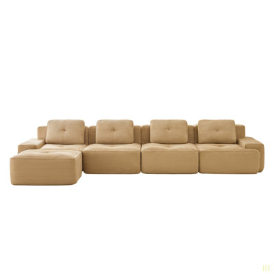 Boneless Modern L-Shaped Modular Sectional Sofa For Living Room, Corduroy Fabric, 4-Seater Couch With Deep Seat And Movable Ottoman, Pearl-Like Piping, Tufted Design, No Assembly, Anti-Slip Design