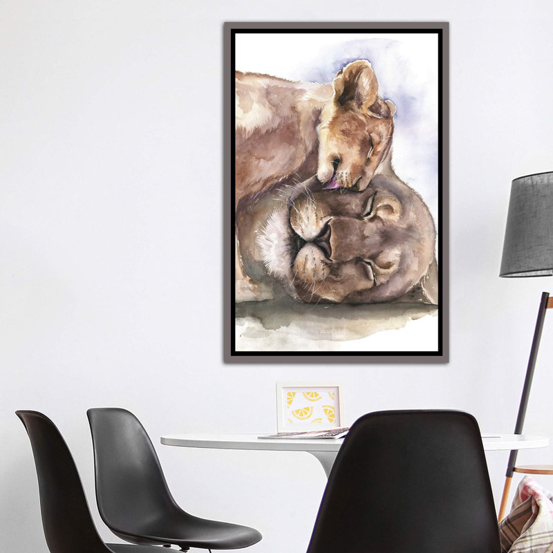 Happy Lions, art encadré, H 60 po x l 40po x P 1,5 po, Toile avec cadre gris foncé rustique