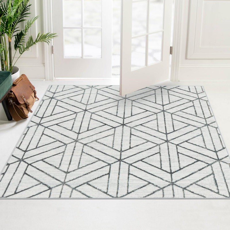 Rochele Geometric Polyester Ivory/Gray Area Rug, Square 10'
