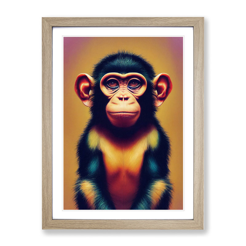 A Young Monkey No.2 - Single Picture Frame Print, 64cm H x 46cm W x 2cm D, Oak
