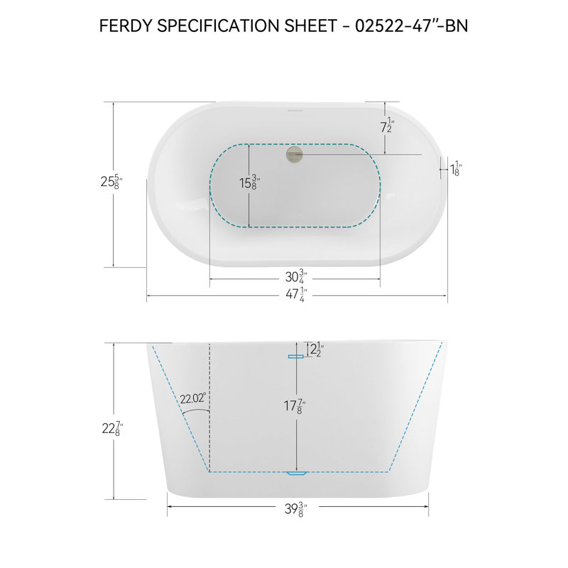 Freestanding Soaking Acrylic Bathtub with Brushed Nickel Drain, Brushed Nickel, 47'' L X 25.60'' W X 22.80'' H