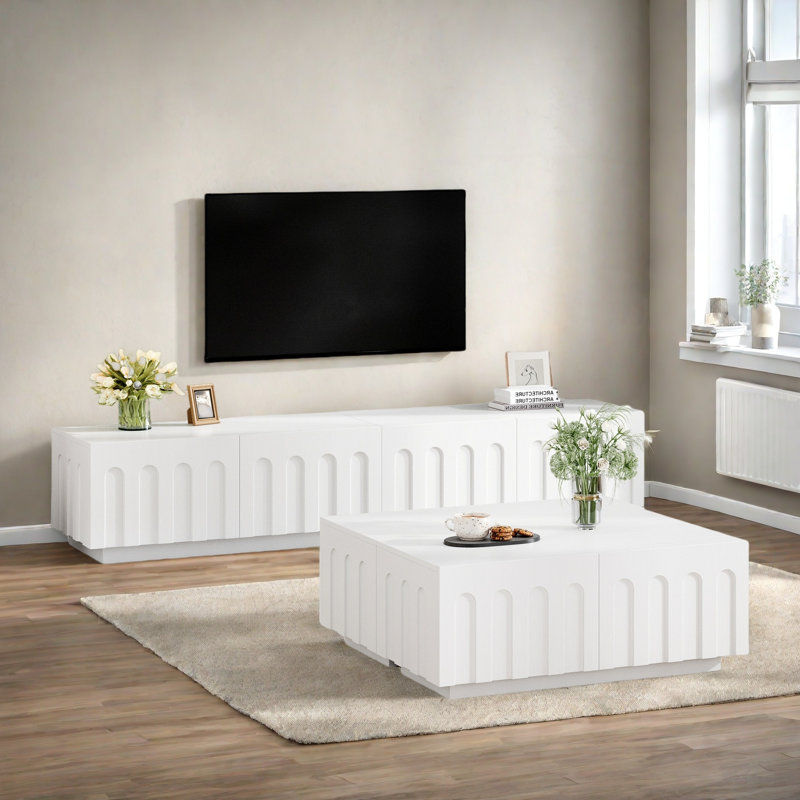 Ensemble de 2 meuble télé élégant et table basse avec un design arqué et des tiroirs, Blanc