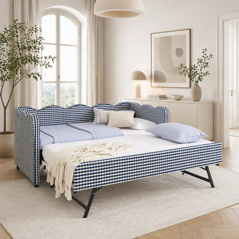 Cozy Gingham Daybed With Trundle  Sofa Bed No Box Spring Needed, Navy