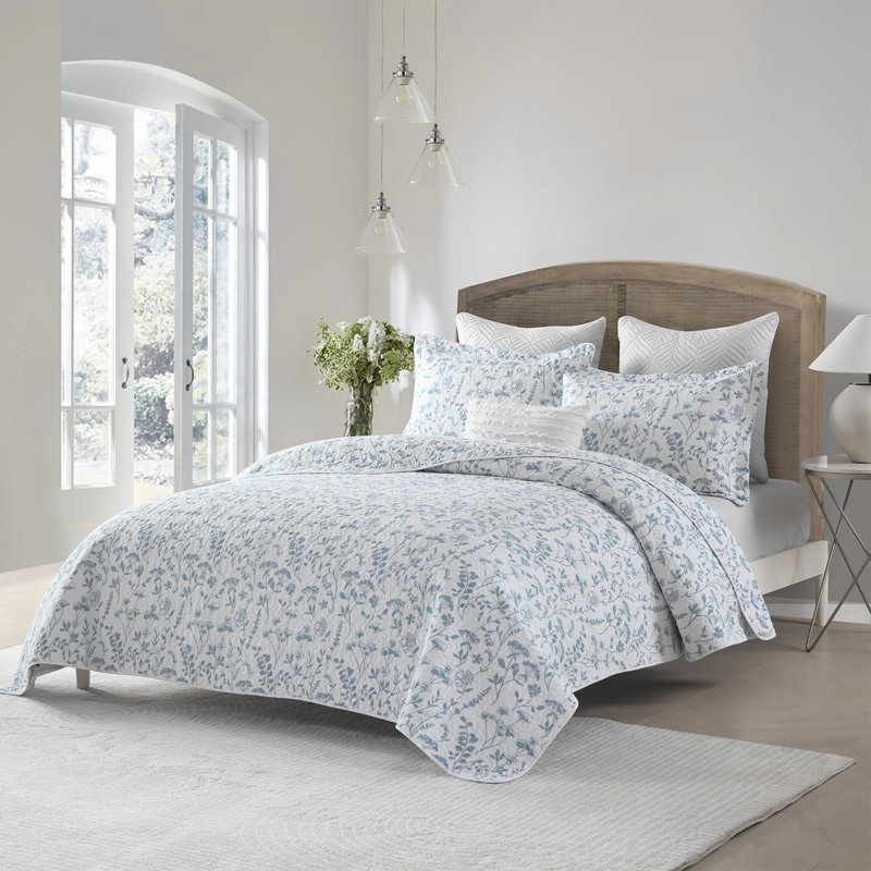 Ensemble de courtepointe 100% coton DUOHONG, Courtepointe pour grand lit + 2 taies décoratives, Motif floral bleu / blanc