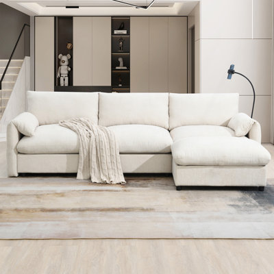 Canapé modulaire en forme de L de 96,5 po avec repose-pieds et poches de rangement, support de téléphone réglable, chargeur USB, accoudoirs éléphants en forme d'oreille, siège confortable pour le salon et appartement, chenille, 3 couleurs