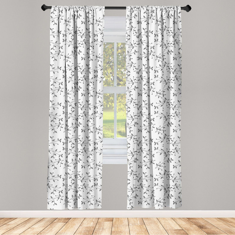 Gray and White Leaf Pattern Room-Darkening Polyester Curtain Panels