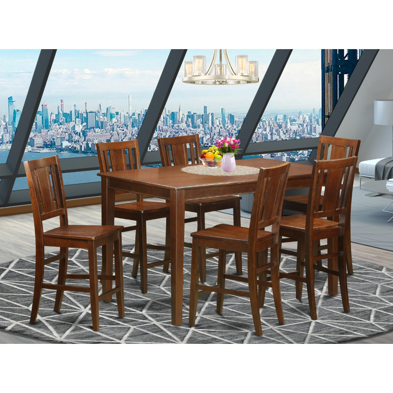 7 Piece Counter Height Dining Set Consist of a Rectangle Kitchen Table and 6 Dining Room Chairs, Mahogany, Wooden