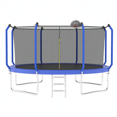 14FT Trampoline with Basketball Hoop, ASTM Approved Reinforced Type Outdoor Trampoline with Enclosure Net