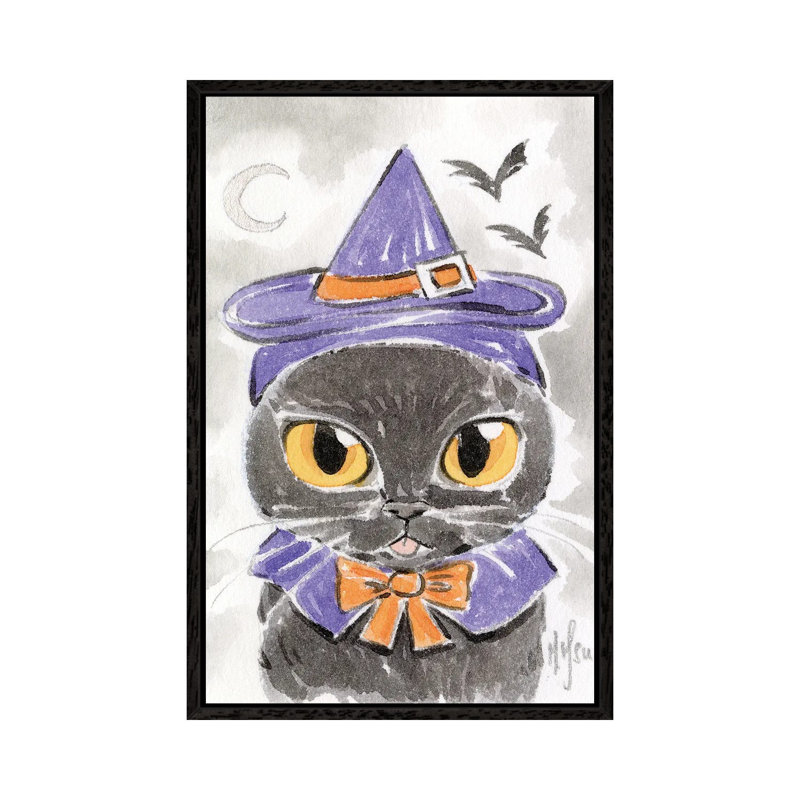Cat - Witch 1 Piece Painting on Canvas, 66.04 cm H x 45.72 cm W, Black Framed