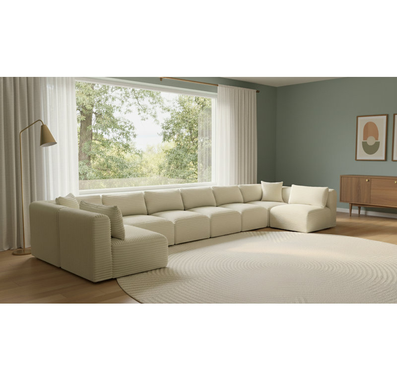 Canapé modulaire Carmean, Velours côtelé texturé crème, 7 sans accoudoirs, 2 en coin
