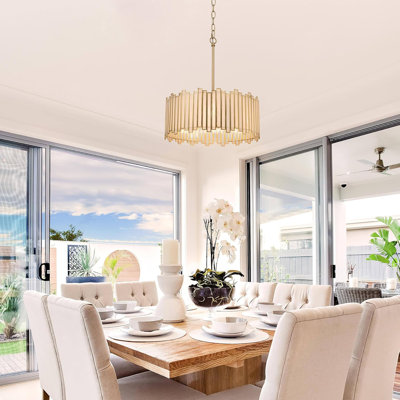 Gold Drum Chandelier, Modern Drum Pendant Light Fixture With Cream Glass Shade For Dining & Living Room, Bedroom, Foyer And Kitchen