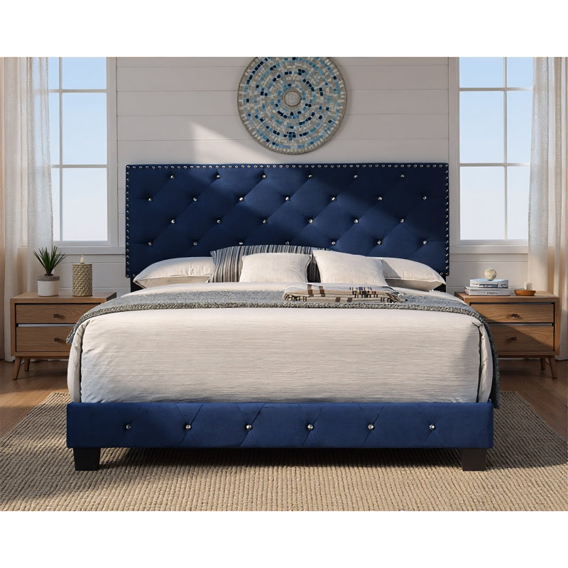 Lit double en velours bleu marine Modena, Double, Marine