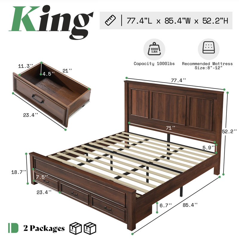 Base de lit plateforme très grand en bois avec tête de lit 52 po, grands tiroirs de rangement, brun, Brun, Très grand