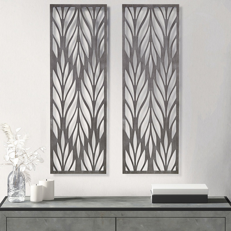 Panneau d'art mural en bois récupéré gris coupé - 2 l 12 po x H 36 po à motif complexe 4 crochets pour la décoration intérieure
