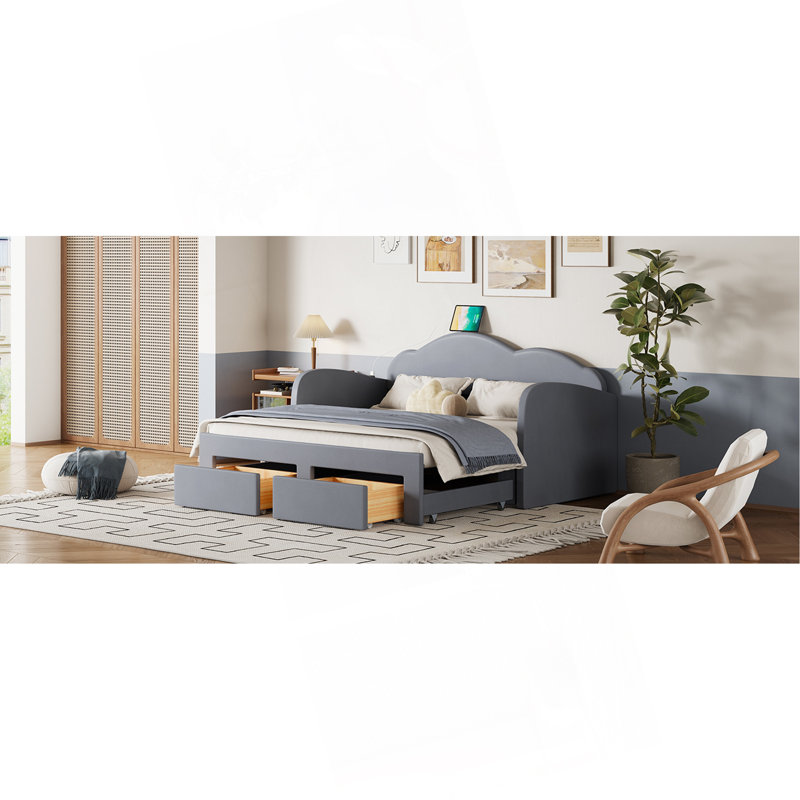 Lit de jour simple rembourré avec dossier en forme de nuage, lit gigogne, 2 tiroirs et ports USB