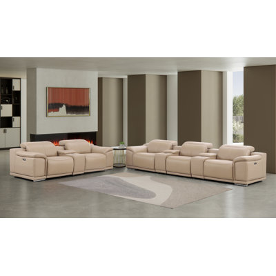 Canapé inclinable électrique et causeuse en cuir véritable - 5 fauteuils inclinables avec appuis-tête réglables et 3 consoles